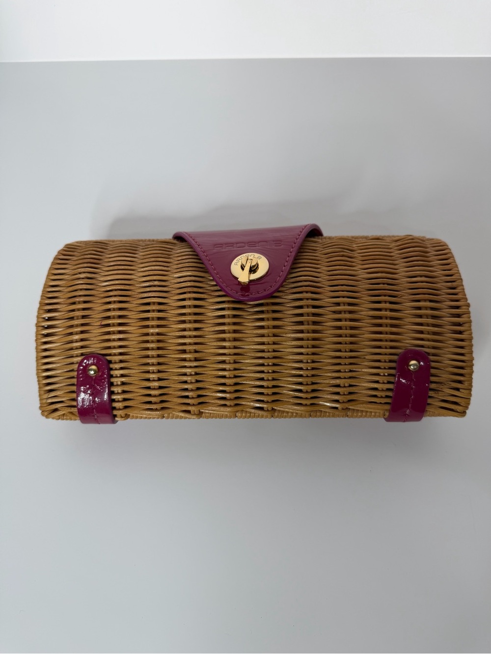 Arden B Woven Rattan Clutch with Fuchsia Trim